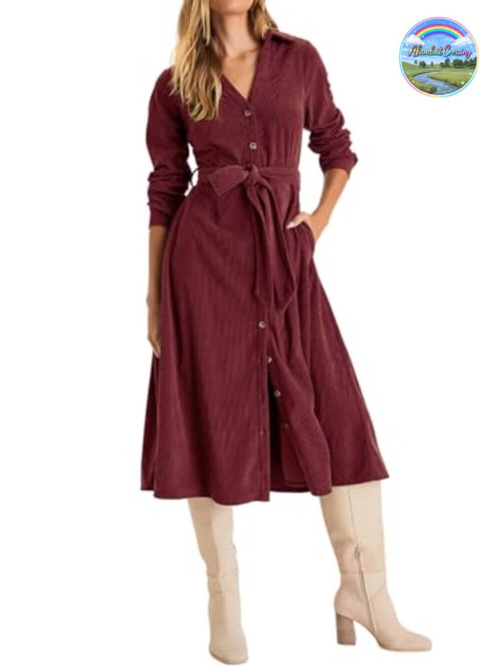 Corduroy Button Down Midi Dress Long Sleeve V Neck Fit Flare